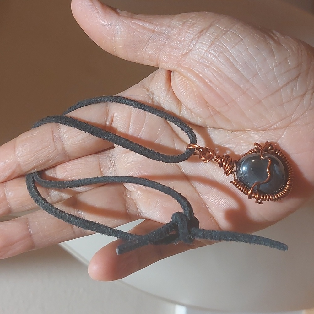 Artisan Copper Wire Wrapped Hematite Pendant On Suede Cord Necklace - Picture 6 of 6